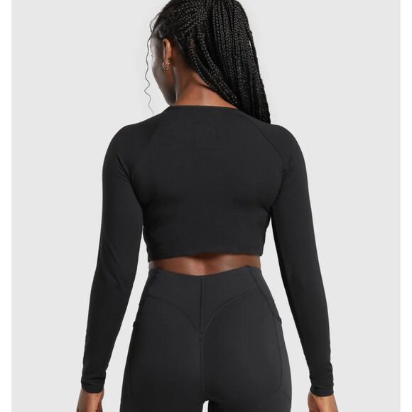 GYMSHARK Lifting Essential Black Long Sleeve Crop Top Womens Medium - Picture 2 of 5